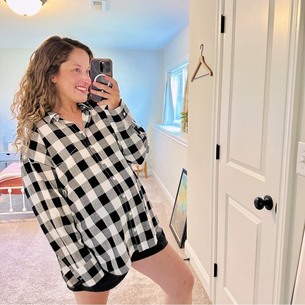 NWT Anthropologie Maeve Black White Plaid Cotton Button Front Tunic Top Medium